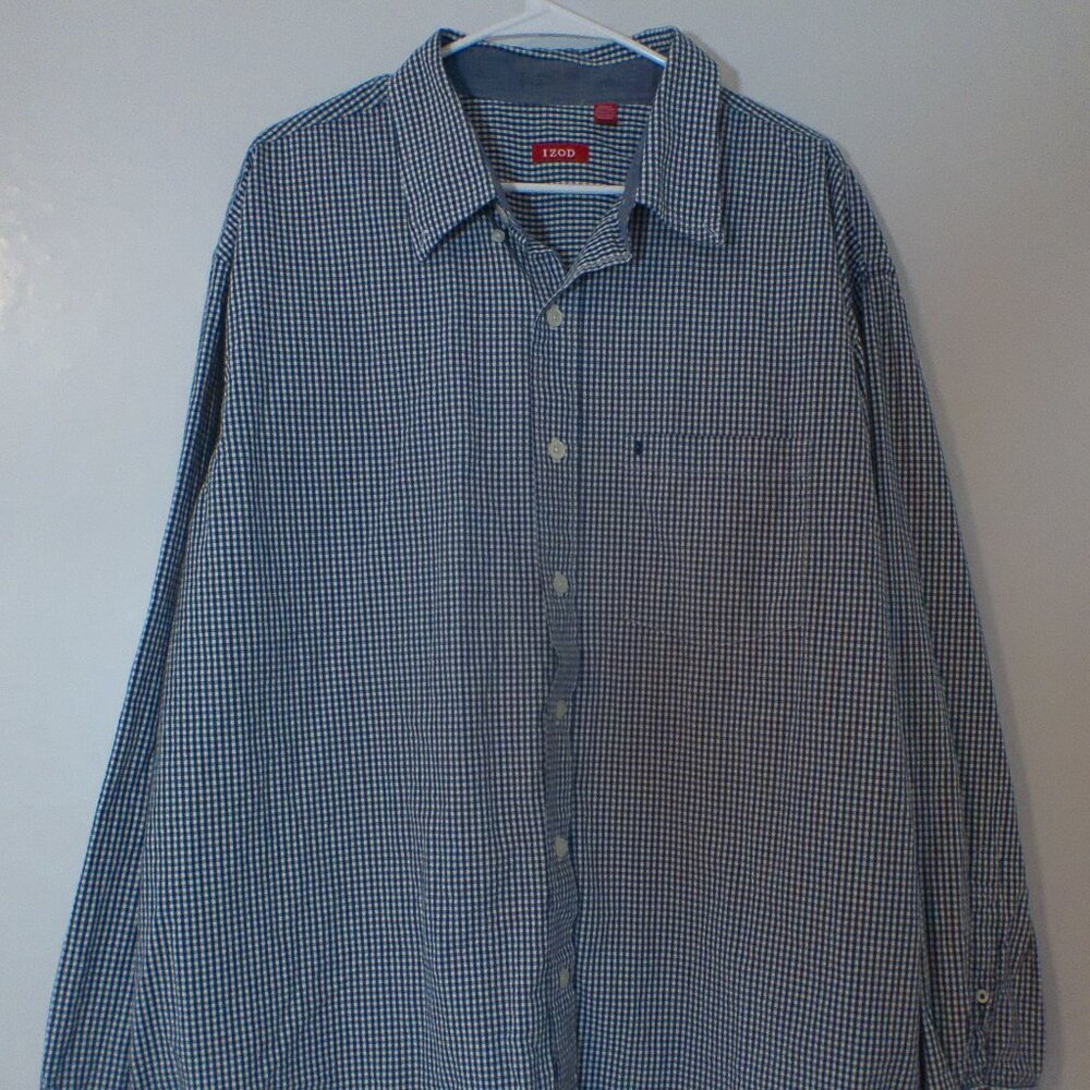 IZOD Men’s 2XL Blue White Gingham Button Down Shirt Long Sleeve Classic Fit